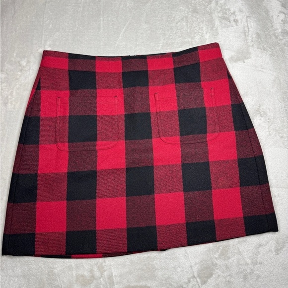 J.Crew Factory Wool Blend Harvest Plaid Buffalo Red Black Mini Skirt Size 12 - Picture 1 of 16